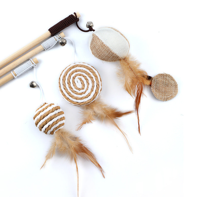 Pets Cat Teaser Feather Bell Wooden Pole sariiholidaycouture