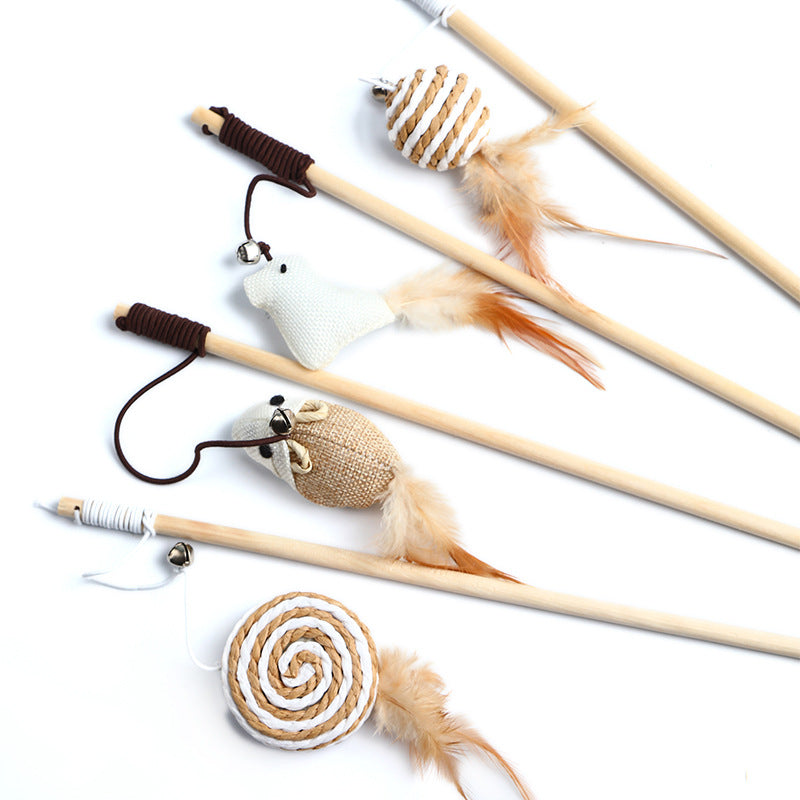 Pets Cat Teaser Feather Bell Wooden Pole sariiholidaycouture